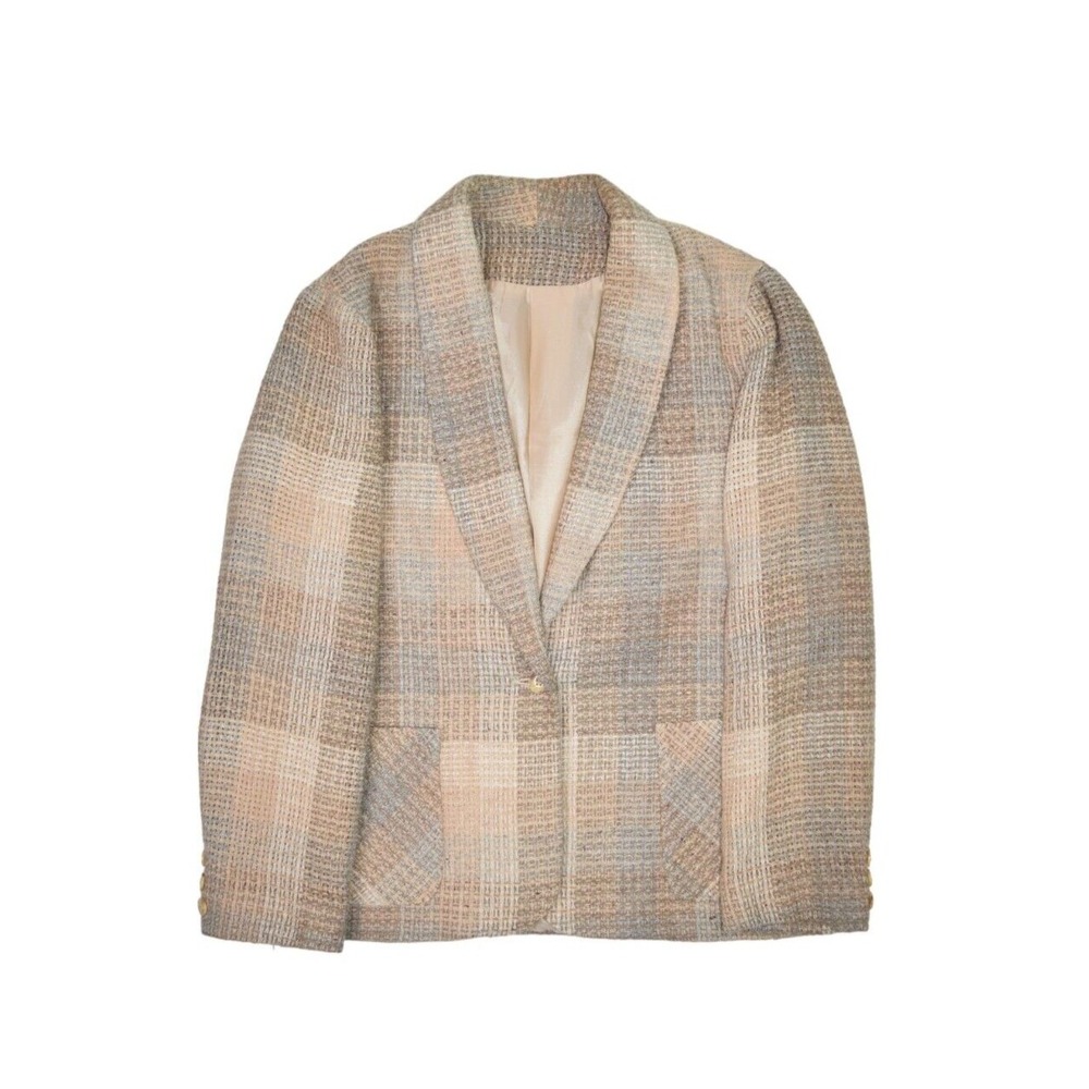 Vintage 70s Dover Park Blazer Womens 16 L Wool Blend Jacket Beige Plaid